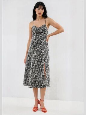 Suncoo Paris Floral Cotton Midi Dress Tie Back Slit Size S